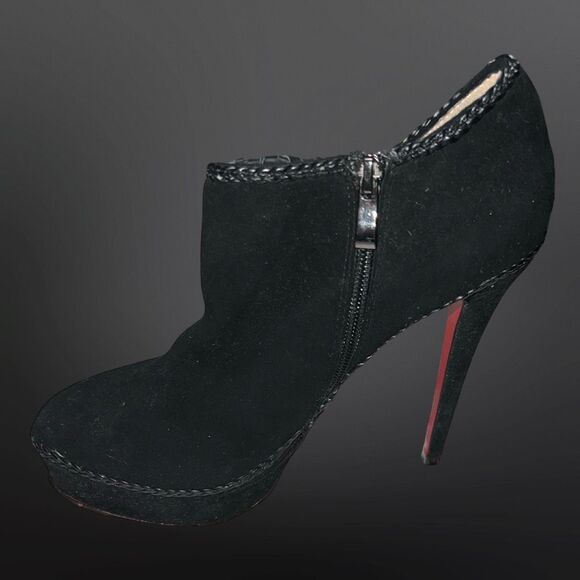 (1) Christian Louboutin Sultane Black Suede Braided Leather Trim Ankle RT Boot - Picture 8 of 13